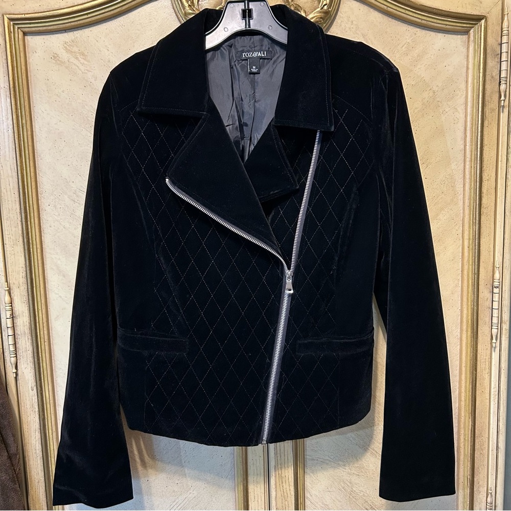 Roz & Ali Black Velvet Diamond Stitched Moto Jacket